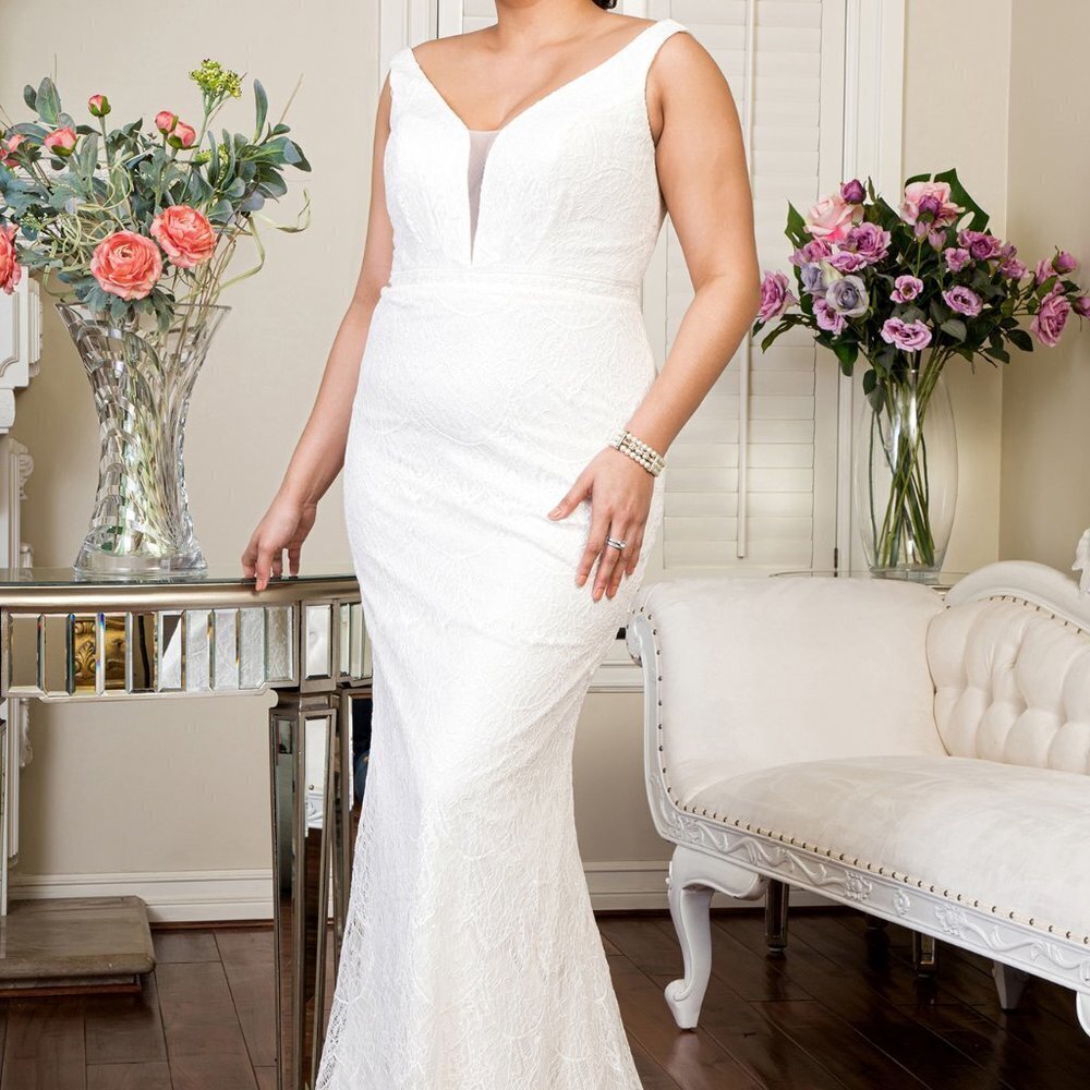 Illusion Deep V-Neck Lace Long Dress GSGL1940